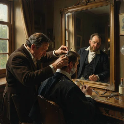 A barber trimming a client's hair, the mirror reflecting the scene, warm light o
