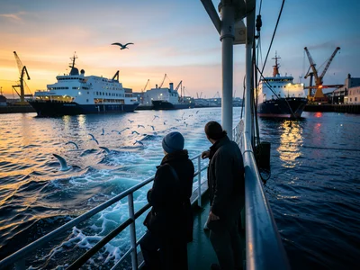A ferry deck at sunset: three passengers at the railing, the wake trailing behin
