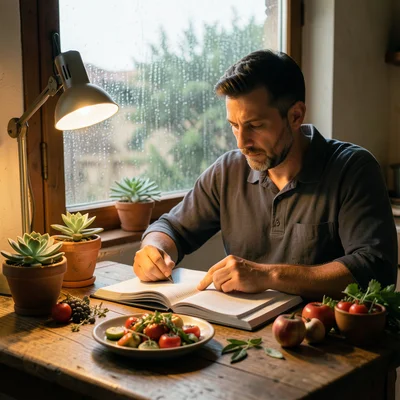 Man journaling at wooden desk, succulent plants, warm lamp, rain on window behin
