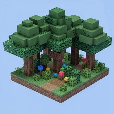 Voxel 3D illustration, cube-based forest landscape , cubic voxel construction, b