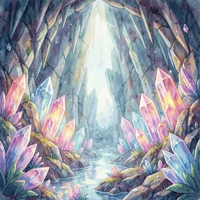 Painterly level-art concept of a glowing crystal cavern with hand-painted textur