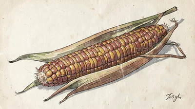 Casein illustration, corn cob and husks , milk-based paint, vintage matte finish