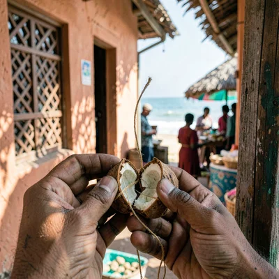 Coastal architecture photograph with Swahili influences, Fresh nutmeg being crac