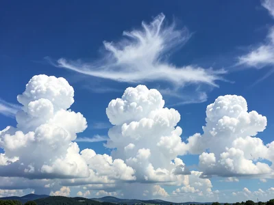 Cumulus clouds at midday in a series — five distinct puffy towers at different d
