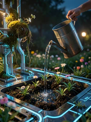Watering can pouring stream onto freshly planted flower bed, droplets catching l