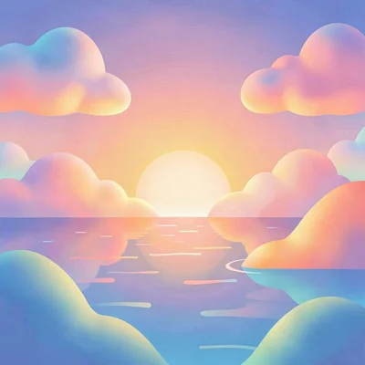 Organic blob gradient illustration, sunset over water with blob clouds , soft ro