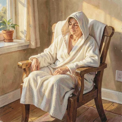 Cozy hero of a hooded bath towel on a chair, warm bath glow bouncing along the s
