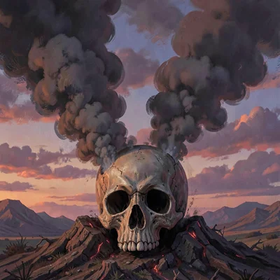 Painterly mood banner of skull-shaped vents exhaling smoke against a bruised twi