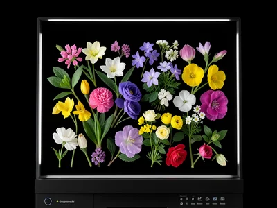 Fresh spring flowers arranged directly on flatbed scanner, high-detail scan