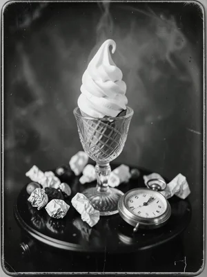 A melting soft-serve cone in a crystal goblet surrounded by crumpled candy wrapp