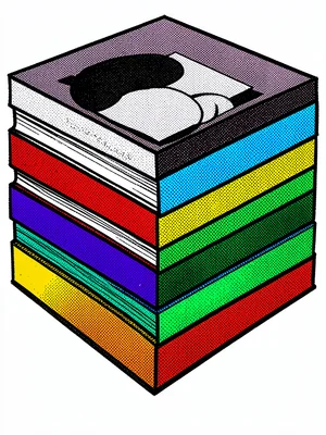 Stack of comic books, spines visible, each a different primary color