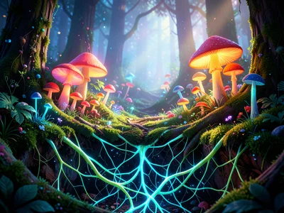 Forest floor with mushrooms above, mycelium network glowing below ground