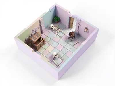 Cutaway dungeon room in angled top-down view with stone tiles a treasure chest a