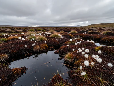 Cotton grass seedheads across moorland — white fluffy tufts against dark peaty g