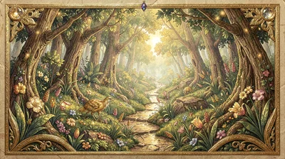 Gold leaf illuminated illustration, garden of Eden , burnished gold leaf areas, 