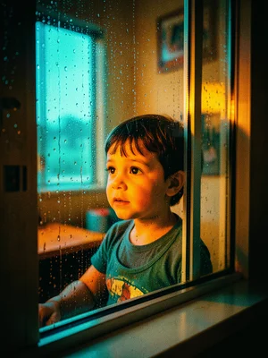A child looking out a rain-streaked window, the interior warm and amber, the out
