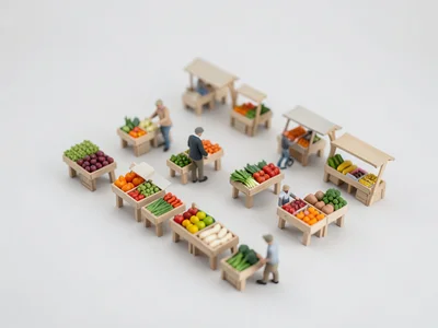 Farmers market from above, tilt-shift, tiny stalls and toy-like produce