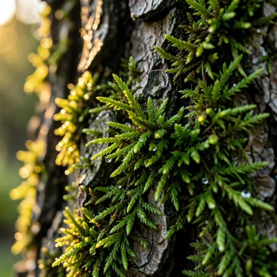 Moss growing on rough bark, extreme close-up, vivid greens with water droplets