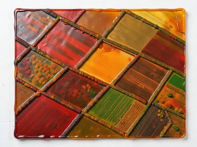 A patchwork of autumn agricultural fields in reds, oranges, greens, and browns d
