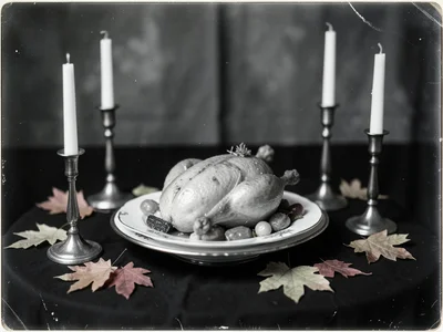 A Thanksgiving turkey TV dinner on fine china with pewter candlesticks and autum