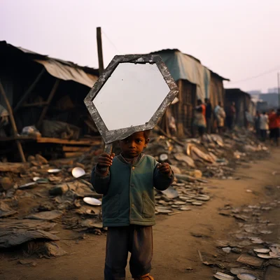 Photo A child in a slum holds up a mirror reflecting