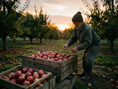 Apple picking scene: wooden crate of red apples, orchard background, golden afte