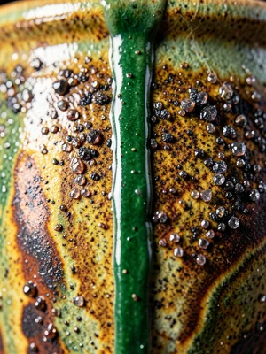 Wood-ash glaze drip frozen mid-flow on pot wall, thick glossy green rivulet with