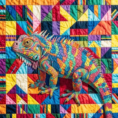 Panamanian mola textile illustration, an iguana with detailed scale layer work ,