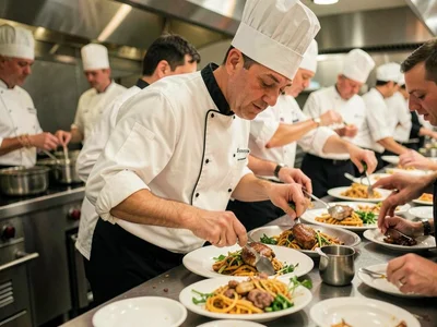 Chef plating during dinner rush, hands everywhere at once, the choreography of c