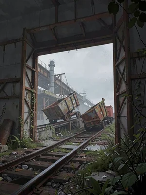 Blast furnace casting hall door open onto an exterior view of skip cars rusted o