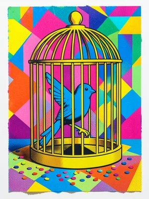 A birdcage in gold with a bright blue bird inside, the cage bars creating a stro