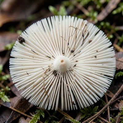 Amanita muscaria gill structure photographed from directly below — radiating whi