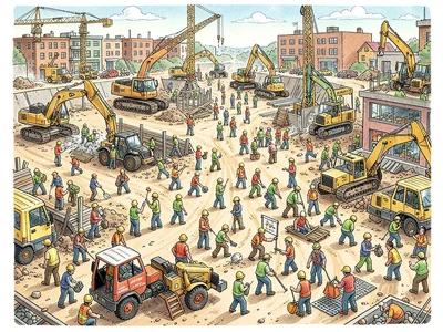 Busy construction site workers