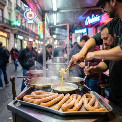 A churro stand in Madrid, fresh dough being piped through a star nozzle into hot
