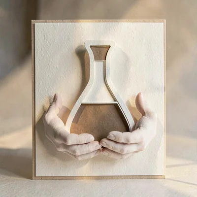 Papercraft brand-card of layered paper-cut hands cradling a paper-cut decanter, 