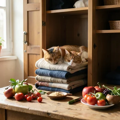 Cat napping on stack of folded sweaters in open wardrobe, soft afternoon light