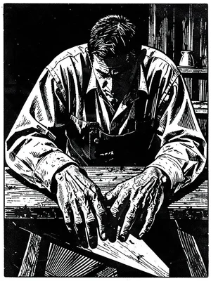 Worker hunched over a table, hands large and angular, face in harsh shadow
