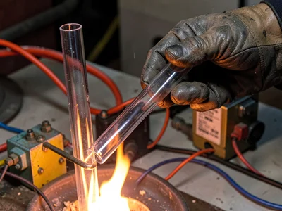 A hand in a leather glove holding a straight glass tube over an open flame
