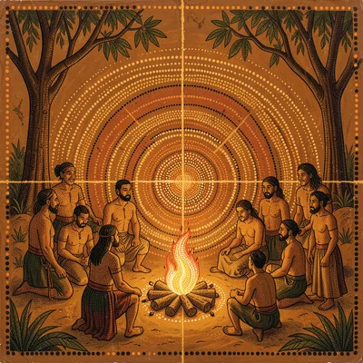 Indigenous Australian dot painting illustration, a campfire ceremony with figure