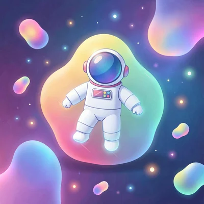 Organic blob gradient illustration, astronaut floating among colorful nebulae , 