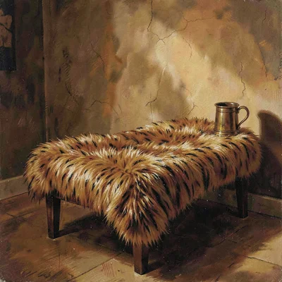 Warm still-life of a fur-draped bench with a single tankard at the corner, deep