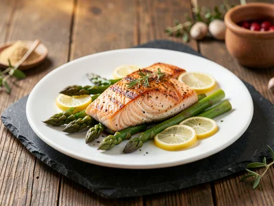 Grilled salmon fillet on a bed of asparagus and lemon slices, white plate on dar