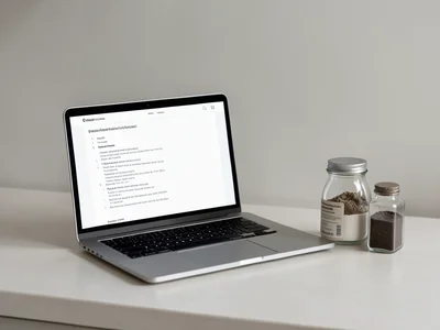 Laptop open on a kitchen counter showing a recipe, ingredients arranged neatly b