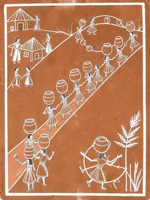 Women carrying water pots — line of figures descending a hill path, pots balance
