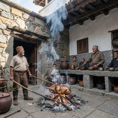 Cusco Inca-colonial interface, stone empire dialogue, Cuy roasting over open fir