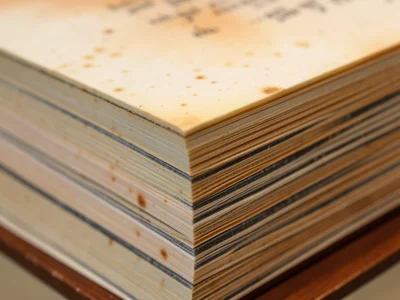Book edge showing printed text, cross-section of paragraphs visible as grey band