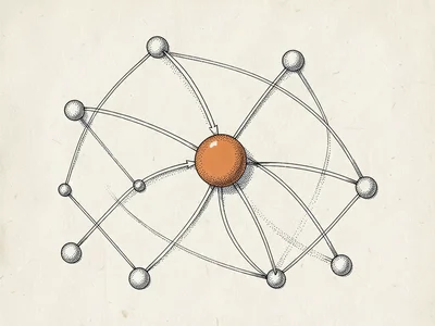 Flowing diagram of interconnected nodes and arcs drawn in fine pen strokes on cr