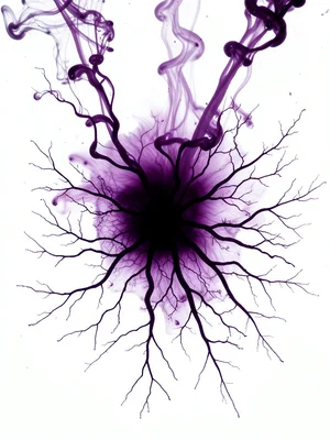 Dark purple ink spreading on wet paper, branching like bare tree limbs