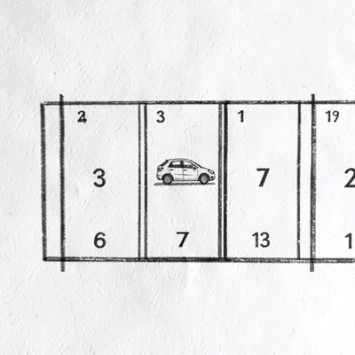 Hand-drawn lot diagram of numbered parking stalls with a tiny car at one slot