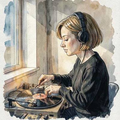 Sigrid-lampline portrait of a DJ in profile cueing a record, tall window casting